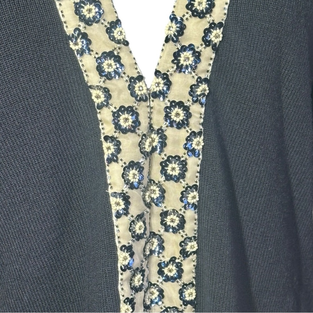Tory Burch Merino Wool Printed Cardigan Sweater Large Navy Blue Sequins V-Neck - Picture 13 of 13
